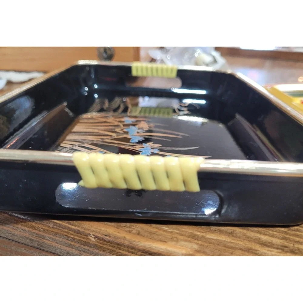 1 Vintage Japanese Black Lacquer Trays 1 Piece Serving Sets Gold/Blue Japan/Toyo